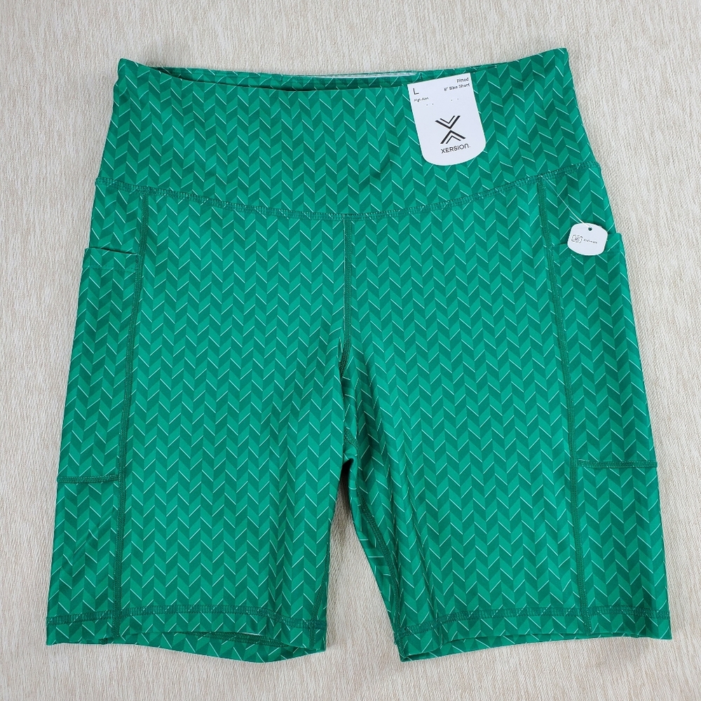 Xersion Women's Green Quick Dry Bike Short Large Herringbone Active Wear Fitted